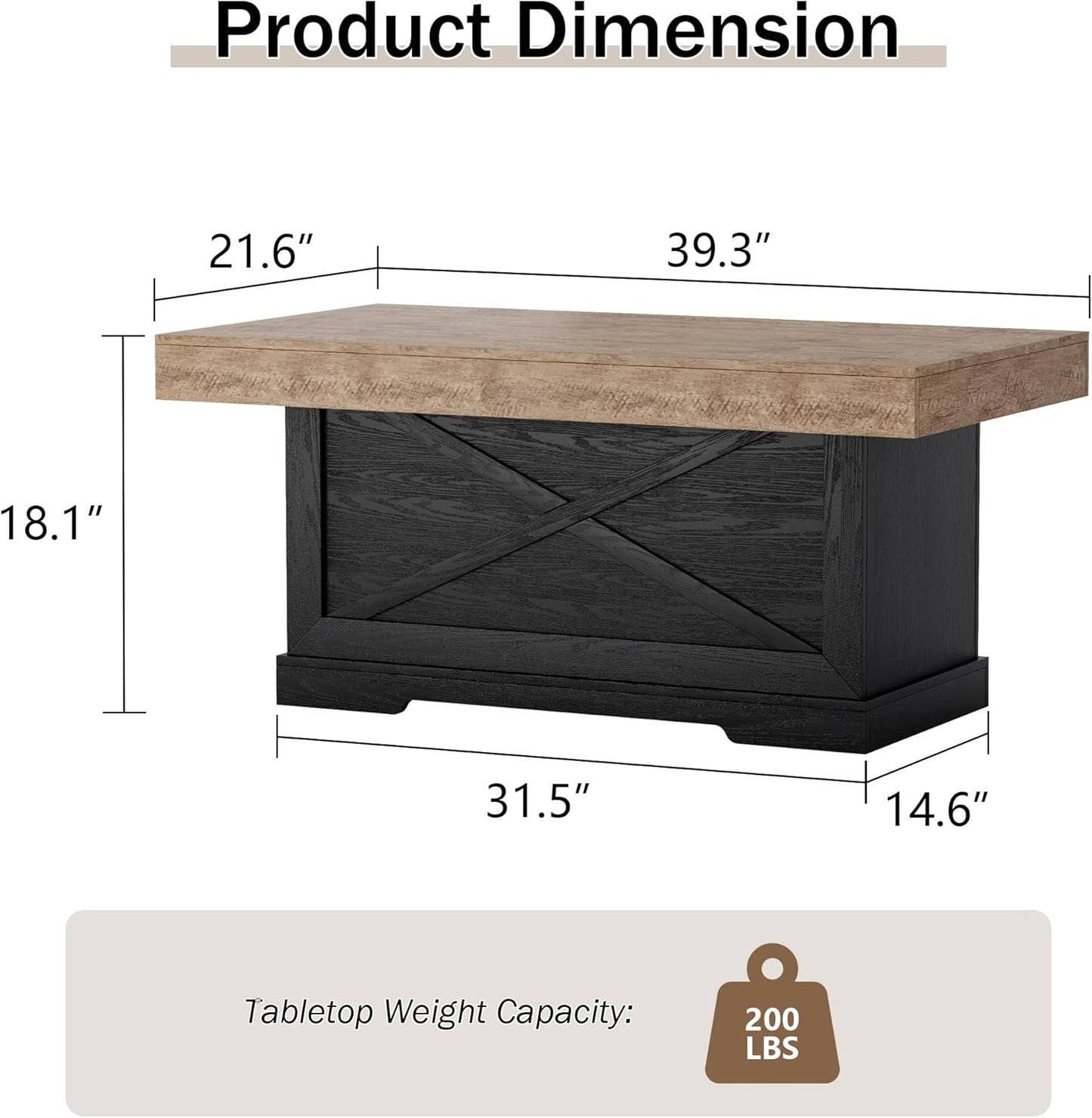 Coffee Table 39 in Rustic Center Table with X-Design Wooden Pedestal for Living Room, Space Saving, Rectangle Home Office Tea Accent Table for Apartment, Dark Oak Black