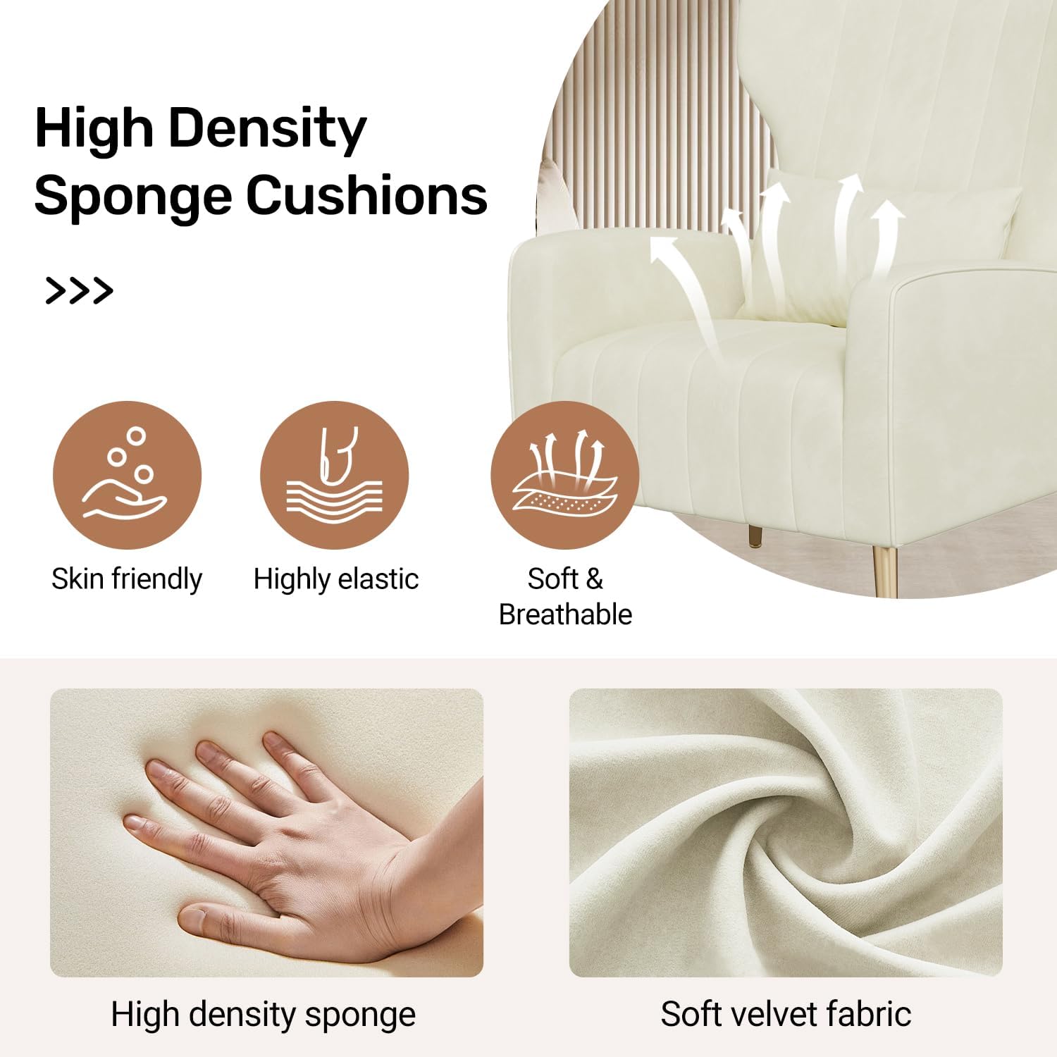 Relaxing Chair, Single Sofa, TV Chair, Wing Chair with Pillow and Gold Metal Feet Made of Velvet up to 130 kg, Bedroom, Living Room, Beige