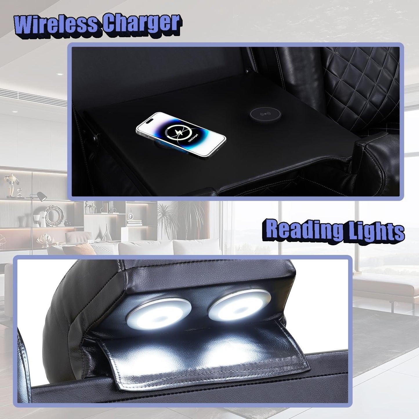 Power Recliner Sectional Sofa Set,Living Room Furniture Sets,Black Leather Sectional Reclining Couch Power Reclining Sofa with LED Light/Storage Console for Living Room