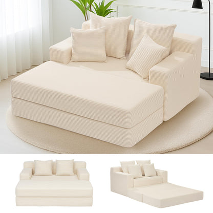 Convertible Sofa Bed, 3 in 1 Loveseat Folding Couch Bed Foldable - Chaise Lounge Chair & Floor Futon Sleeper, Corduroy Pull Out Sofa Bed with 4 Pillows for Living Room, Beige