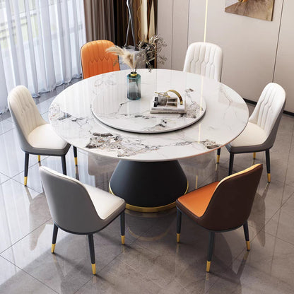 Marble Round Rotating Sintered Stone Dining Table Set with Round Turntable & Chairs