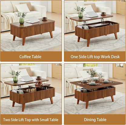 Lift Top Fluted Convertible Coffee Table Wooden Storage with Drawers