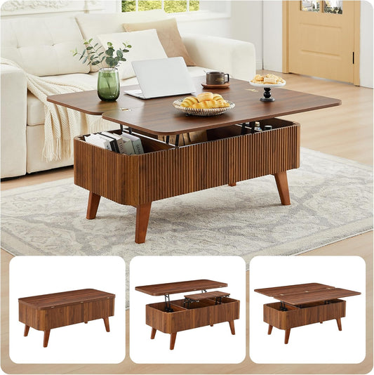 Lift Top Fluted Convertible Coffee Table Wooden Storage with Drawers