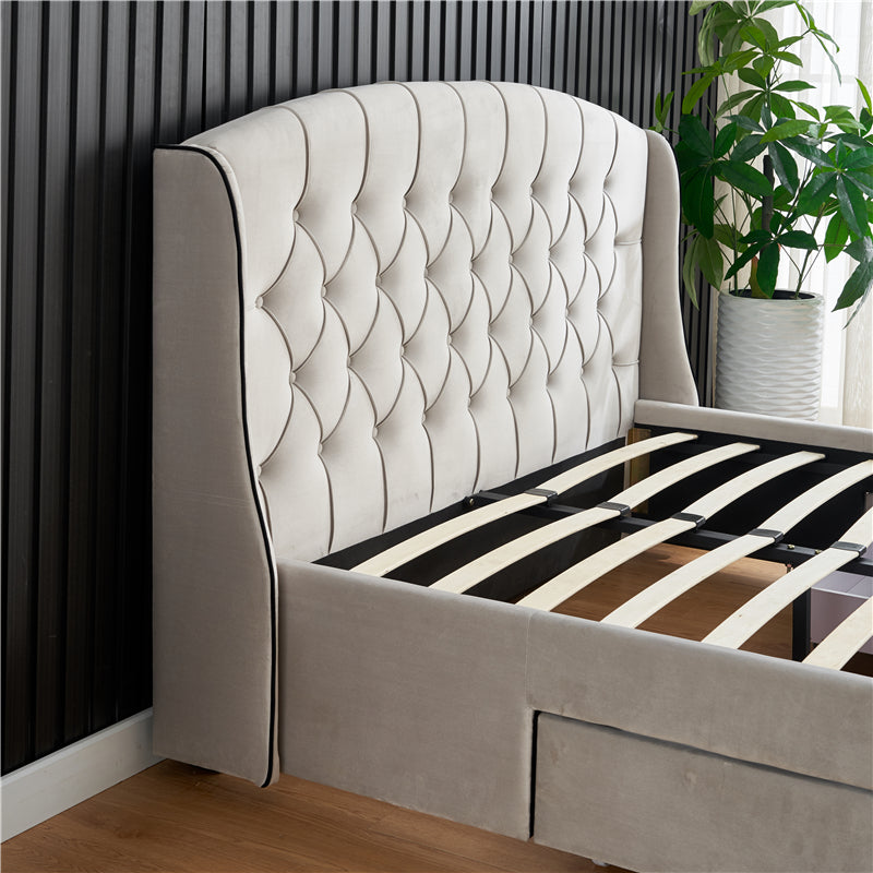 Button Upholstered Double Single Queen King Size Fabric Storage Bed Frame With Storage Drawers