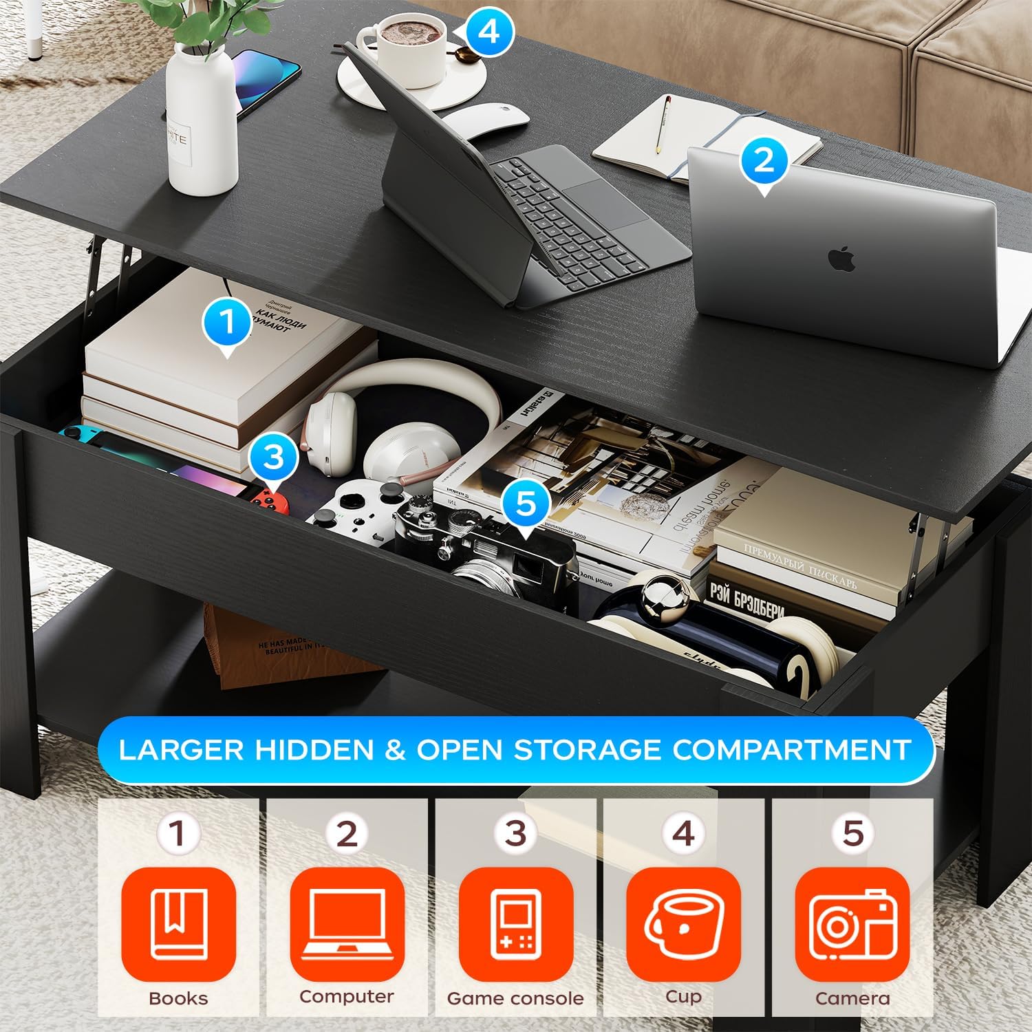 FDW 39.4" Lift Top Coffee Table with Hidden Compartment and Storage Shelf Wooden Lift Tabletop for Home Living Room Reception Room Office,Bark Black