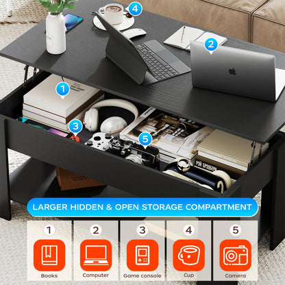 FDW 39.4" Lift Top Coffee Table with Hidden Compartment and Storage Shelf Wooden Lift Tabletop for Home Living Room Reception Room Office,Bark Black