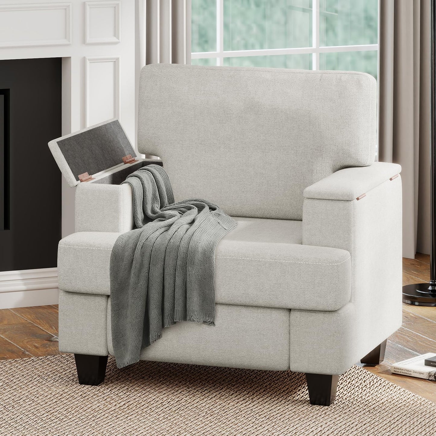 Extra Large Wing Chair, Living Room, 93.5 cm Upholstered Chair, TV Chair, Single Sofa with Removable Armrest & Throw Cushion, Single Sofa Reading Chair for Living Room, Bedroom, Beige