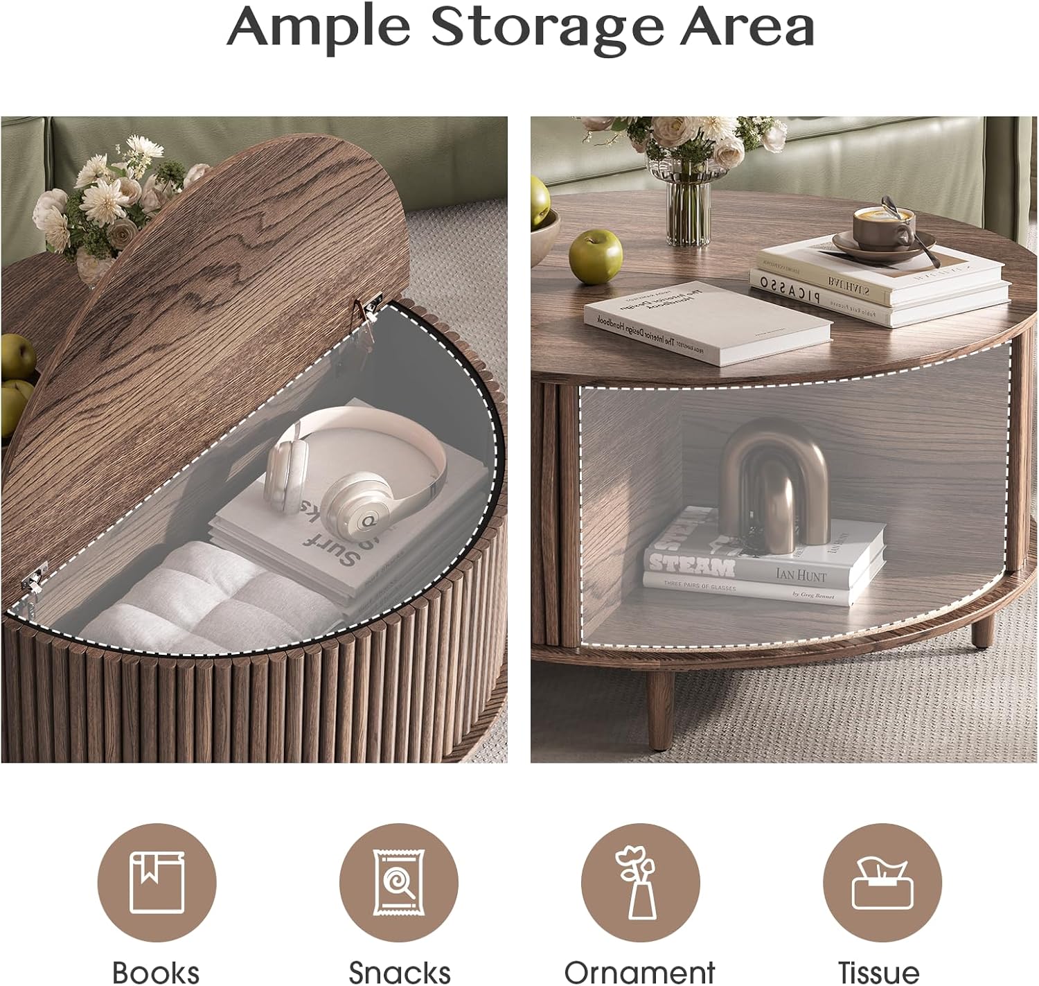 Round Coffee Table with Storage,Mid Century Modern Circle Coffee Table for Living Room,31.5" Small Fluted Center Table with Sliding Door,Home Small Space, Walnut