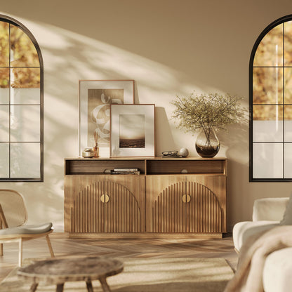 BELLEZE 65 Inch Fluted Buffet Cabinet with Storage, Symmetrical Arc Accent Sideboard Large Console Table for Dining Room, Kitchen, and Living Room (Camel)