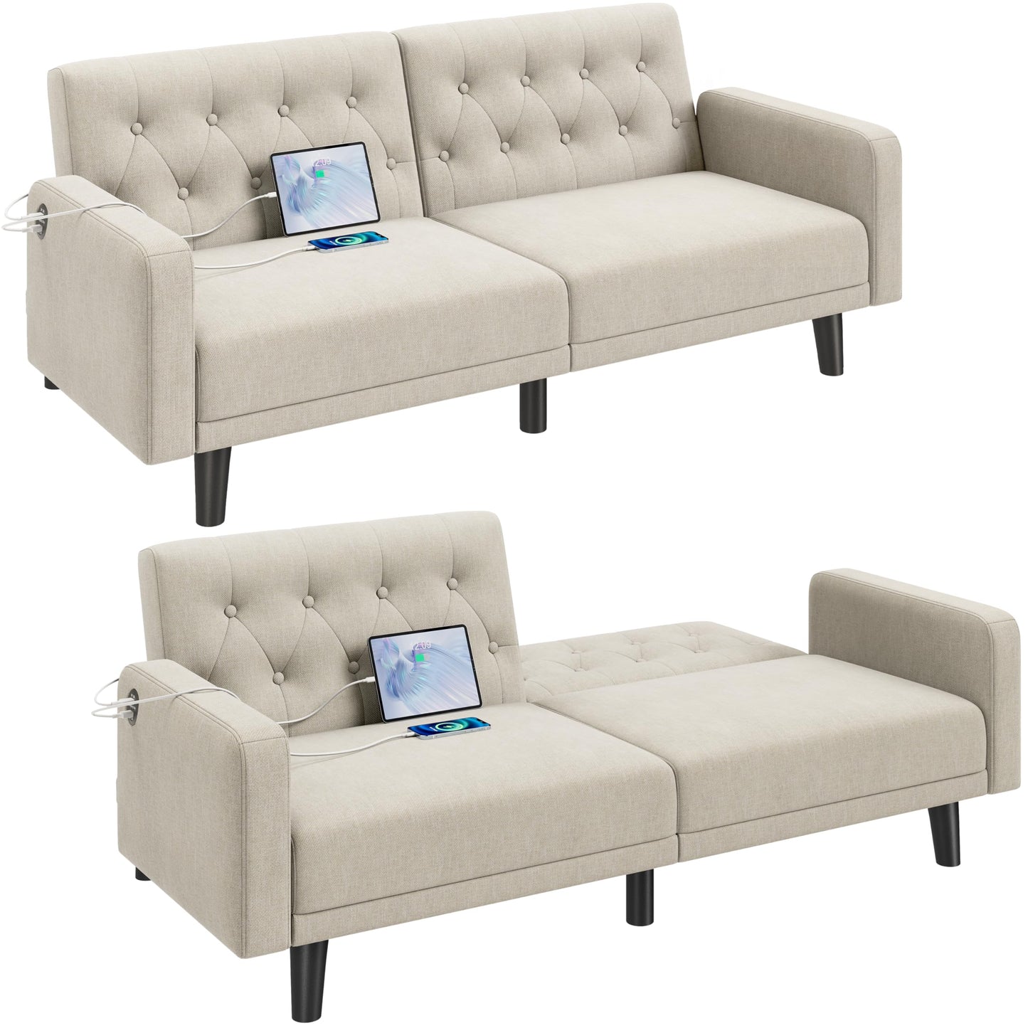 Yaheetech 63" Convertible Couch Small Futon Sofa Bed with 2 USB Ports, Reclining Backrest & Removable Armrests, Mid Century Modern Loveseat for Living Room, Apartment, Office, Dark Gray