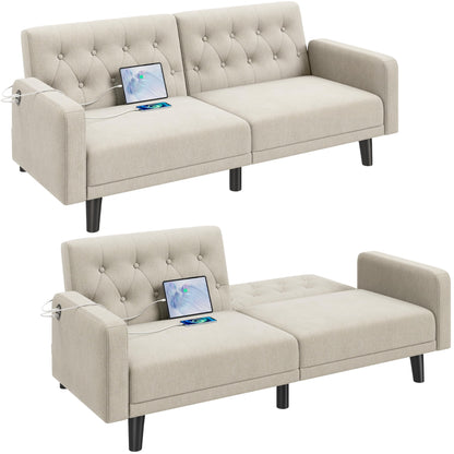 Yaheetech 63" Convertible Couch Small Futon Sofa Bed with 2 USB Ports, Reclining Backrest & Removable Armrests, Mid Century Modern Loveseat for Living Room, Apartment, Office, Dark Gray