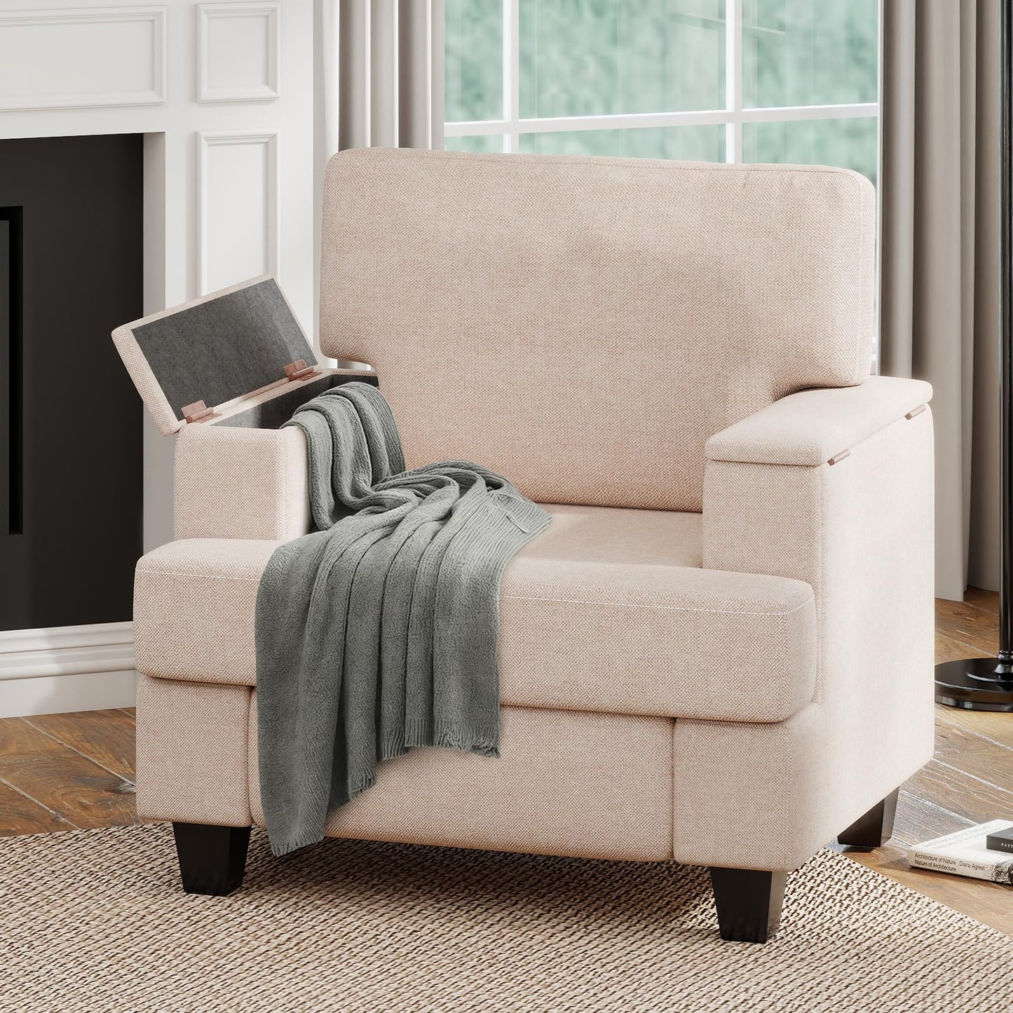 Extra Large Wing Chair, Living Room, 93.5 cm Upholstered Chair, TV Chair, Single Sofa with Removable Armrest & Throw Cushion, Single Sofa Reading Chair for Living Room, Bedroom, Beige