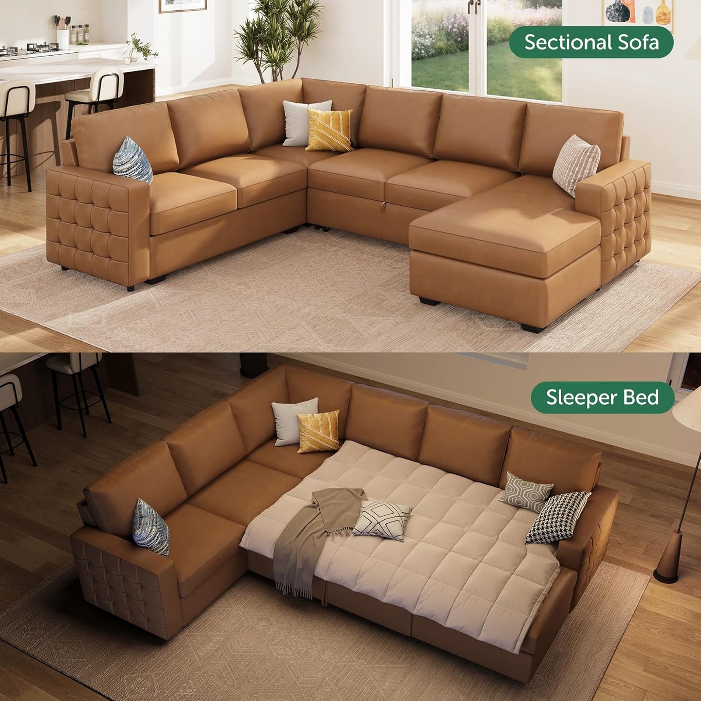 HONBAY Sleeper Sectional Couch with Pull-Out Bed Sectional Sleeper Sofa Pull Out Bed with Storage Chaise, 6 Seaters Couch for Living Room, Faux Leather Brown