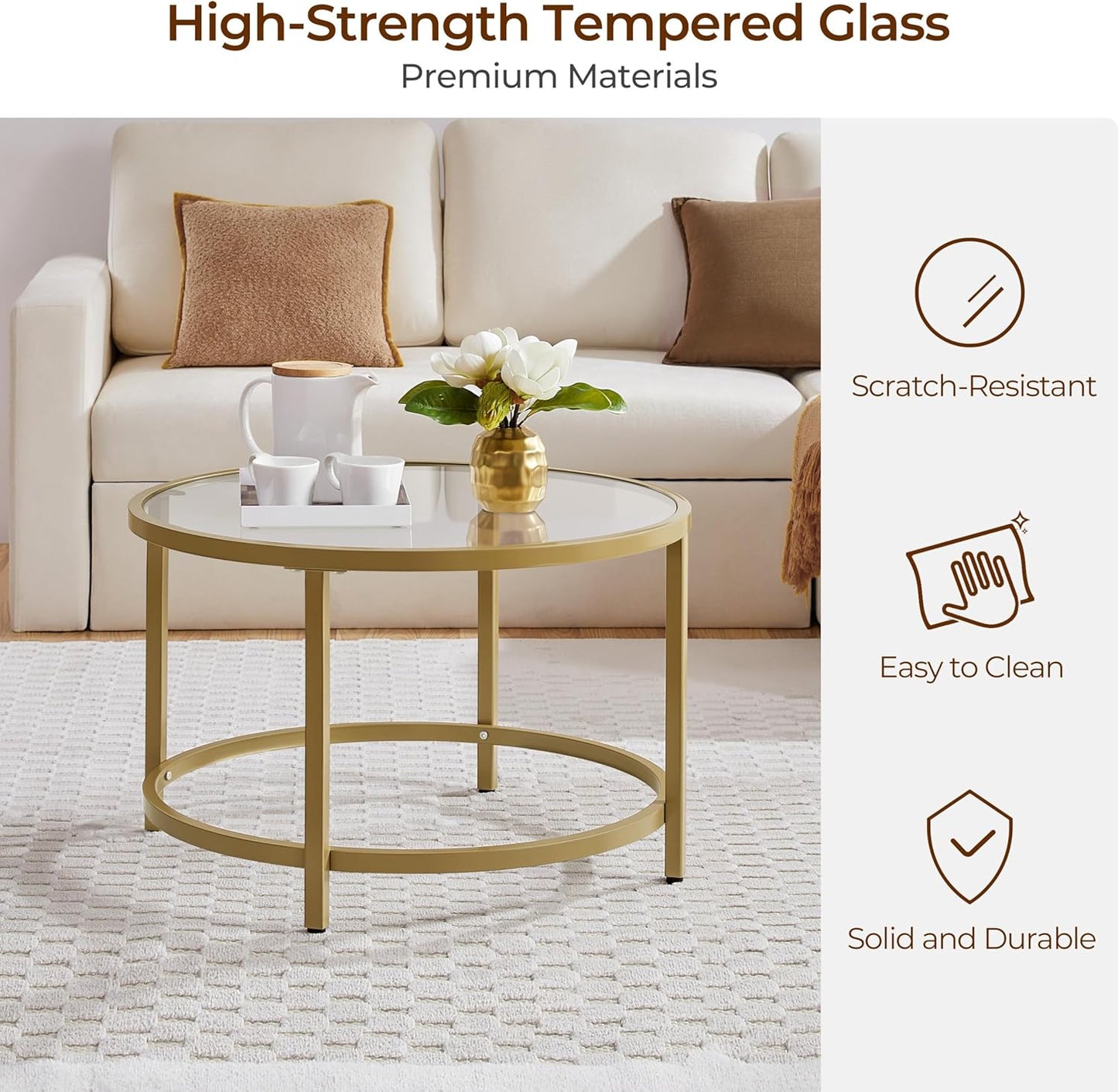 Yaheetech Gold Glass Coffee Table for Living Room, 27.6" Round Glass Coffee Table with Metal Frame, Circle Coffee Table for Home, Office, Apartment