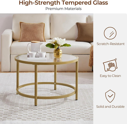 Yaheetech Gold Glass Coffee Table for Living Room, 27.6" Round Glass Coffee Table with Metal Frame, Circle Coffee Table for Home, Office, Apartment