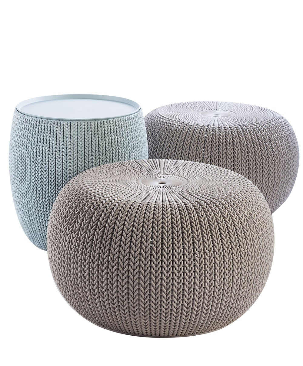 KETER Urban Knit Pouf Ottoman Set of 2 with Storage Table for Patio and Room Décor-Perfect for Balcony, Deck, and Outdoor Seating, Cream & Taupe