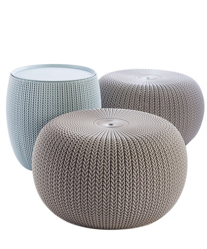 KETER Urban Knit Pouf Ottoman Set of 2 with Storage Table for Patio and Room Décor-Perfect for Balcony, Deck, and Outdoor Seating, Cream & Taupe
