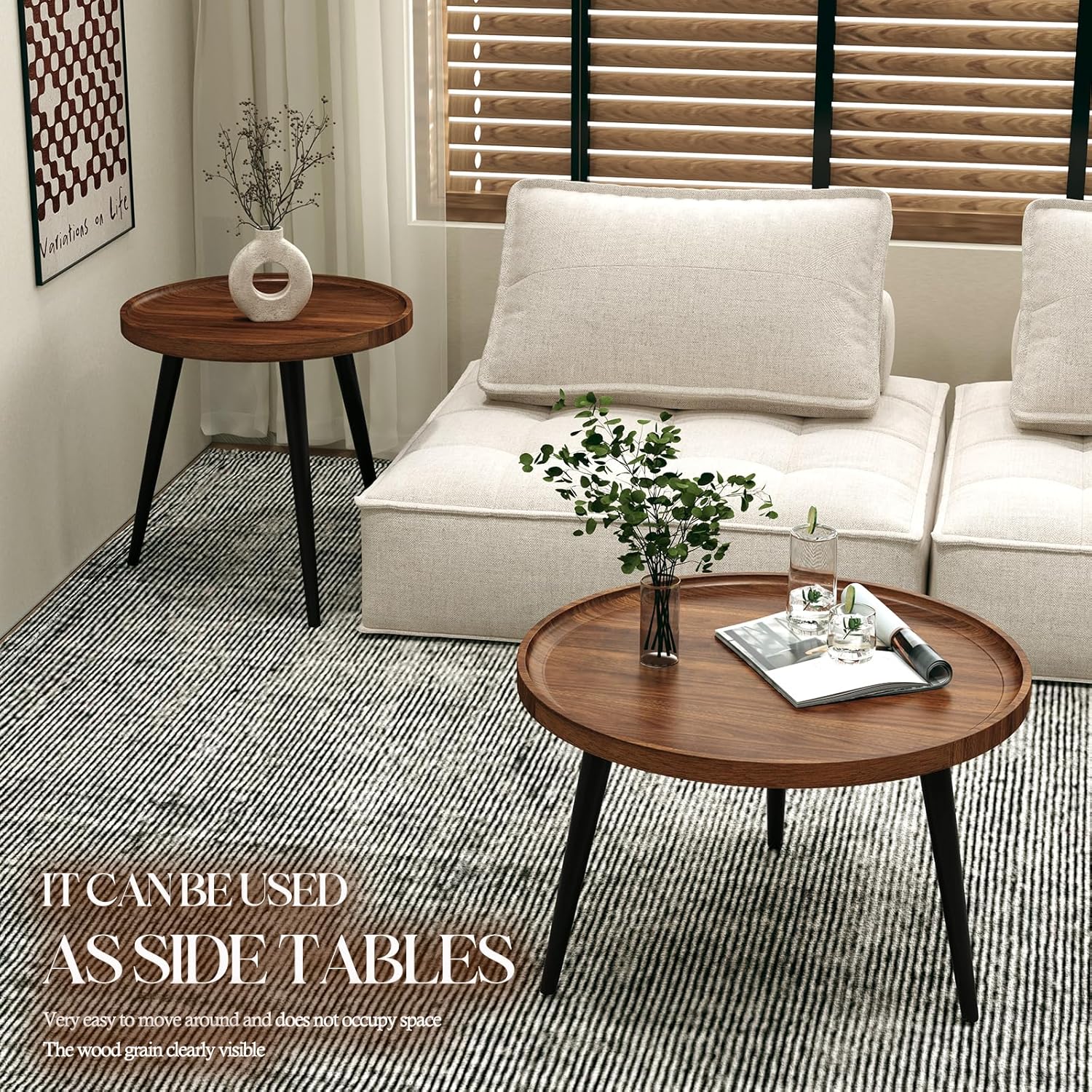 2 Pcs Mid Century Modern Coffee Table Round for Living Room,Easy Assembly Nesting Coffee Tables,Minimalist Circle Walnut Coffee Table for Bedroom Office Balcony Yard