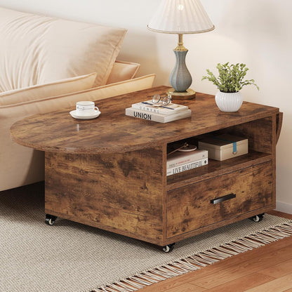IBF Coffee Table with Storage, Wood Oval Living Room Table with Drawer, Multifunctional Rustic Foldable Center Table, Extendable Tea Table with Wheels for Home Bedroom Office, Rustic Brown, 47 in