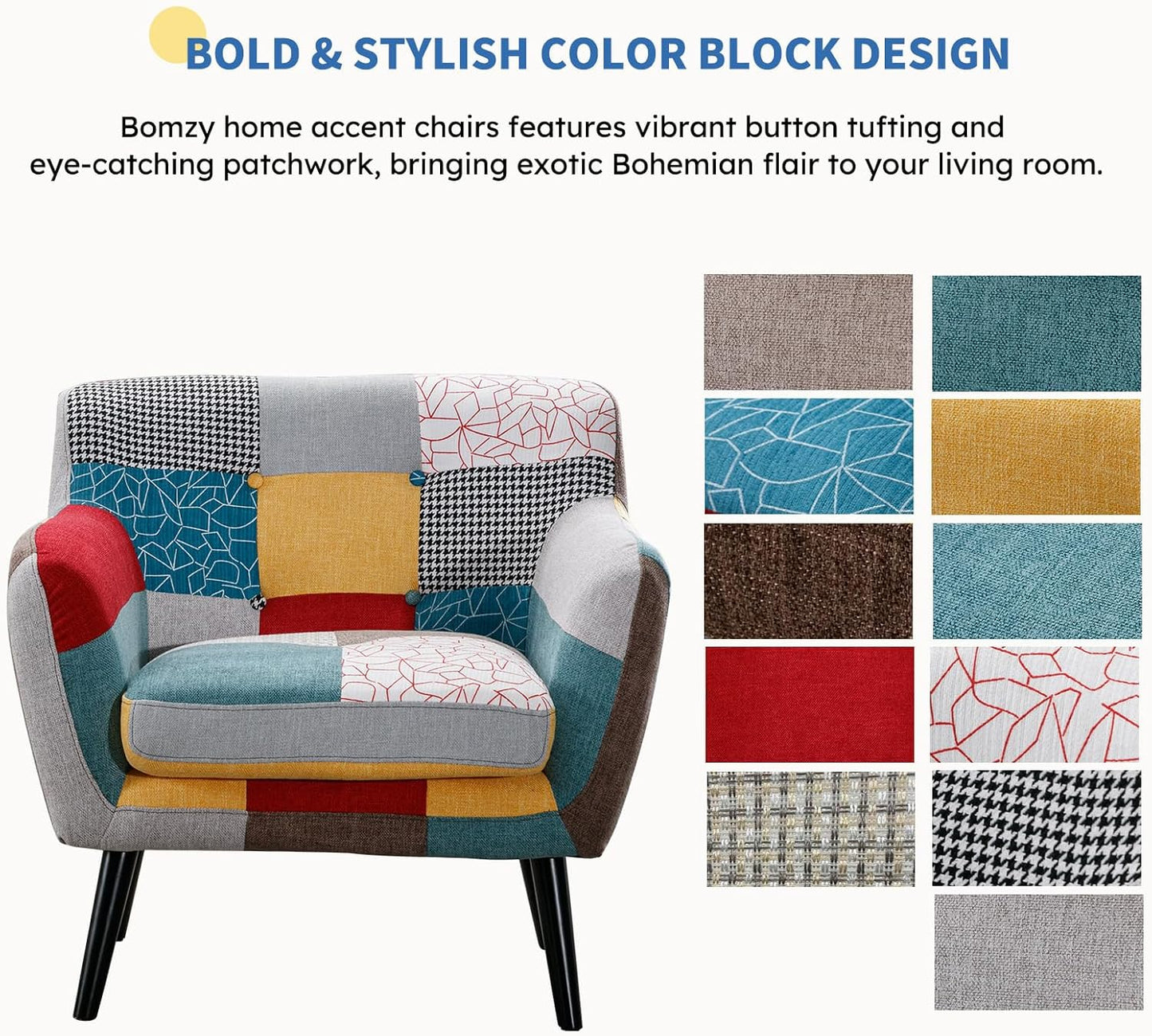 Bonzy Home Modern Oversized Accent Chair for Living Room, Colorful Boho Linen Fabric Upholstered Armchair with Wood Legs, Single