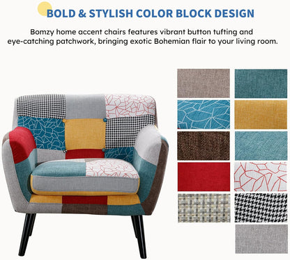 Bonzy Home Modern Oversized Accent Chair for Living Room, Colorful Boho Linen Fabric Upholstered Armchair with Wood Legs, Single