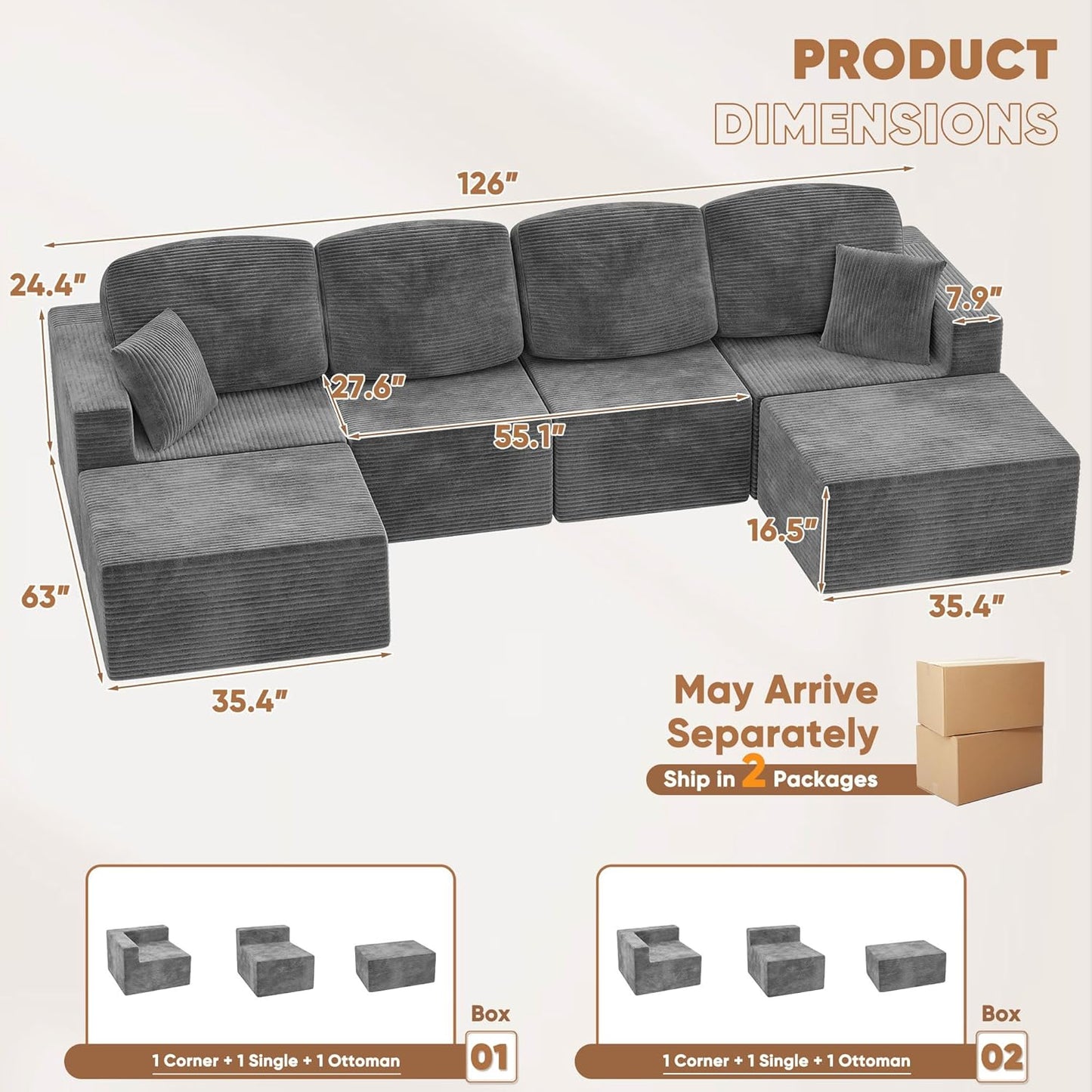 Homall 126" Modern Fabric Boneless Couch with Deep Seat, Sectional Couches for Living Room, Upholstered Cloud Sofa with 2 Ottoman, No Assembly Required (Dark Grey, U Shaped Sofa)