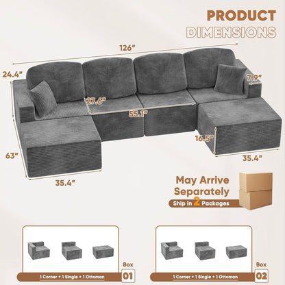 Homall 126" Modern Fabric Boneless Couch with Deep Seat, Sectional Couches for Living Room, Upholstered Cloud Sofa with 2 Ottoman, No Assembly Required (Dark Grey, U Shaped Sofa)