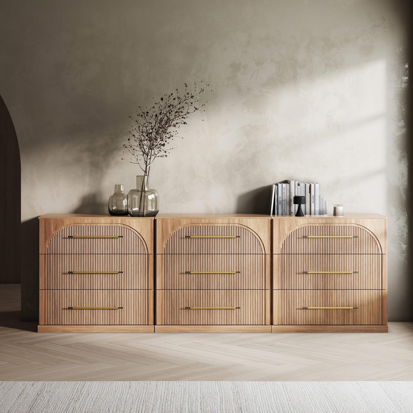 BELLEZE 65 Inch Fluted Buffet Cabinet with Storage, Symmetrical Arc Accent Sideboard Large Console Table for Dining Room, Kitchen, and Living Room (Camel)