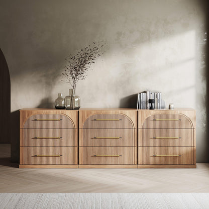 BELLEZE 65 Inch Fluted Buffet Cabinet with Storage, Symmetrical Arc Accent Sideboard Large Console Table for Dining Room, Kitchen, and Living Room (Camel)