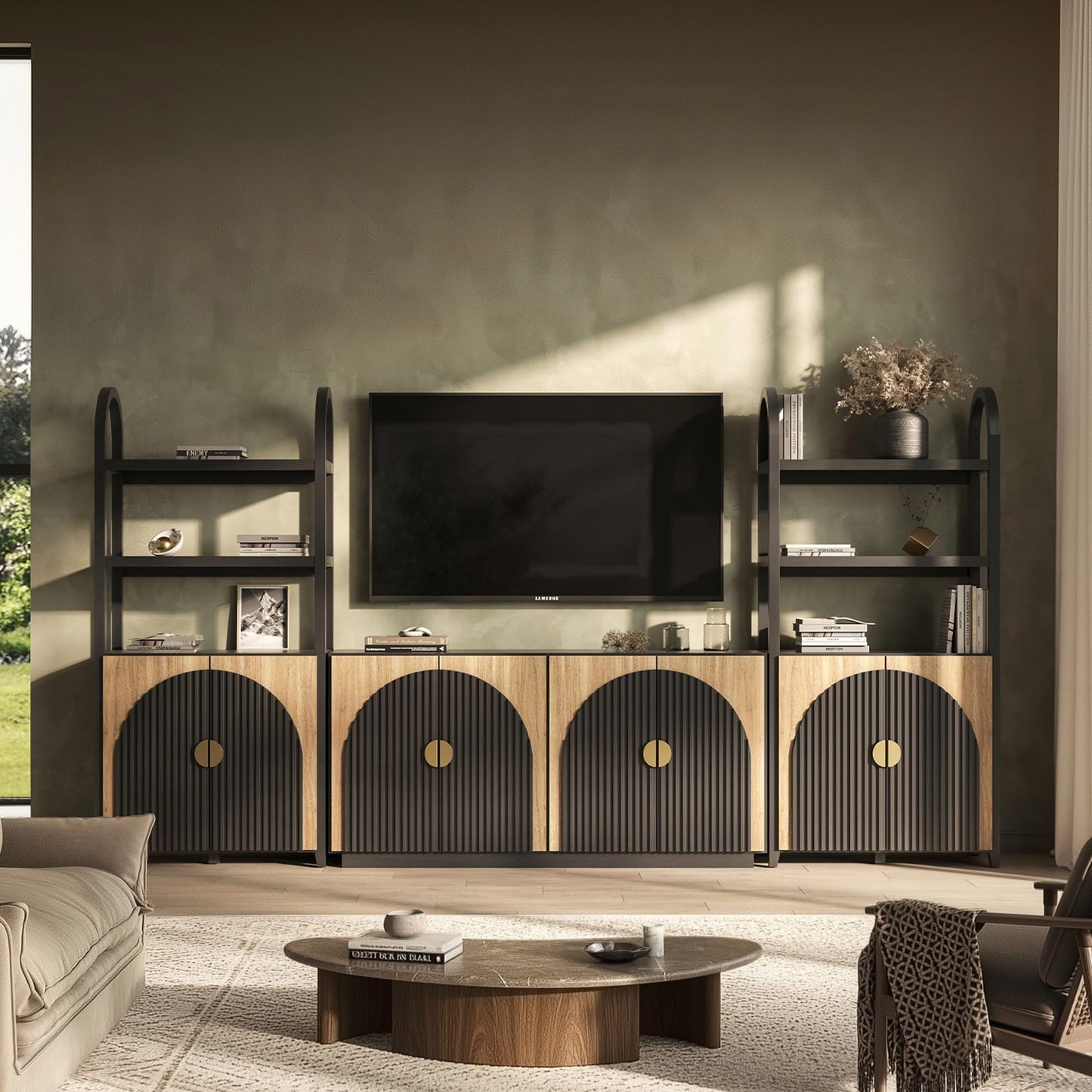 BELLEZE 65 Inch Fluted Buffet Cabinet with Storage, Symmetrical Arc Accent Sideboard Large Console Table for Dining Room, Kitchen, and Living Room (Camel)