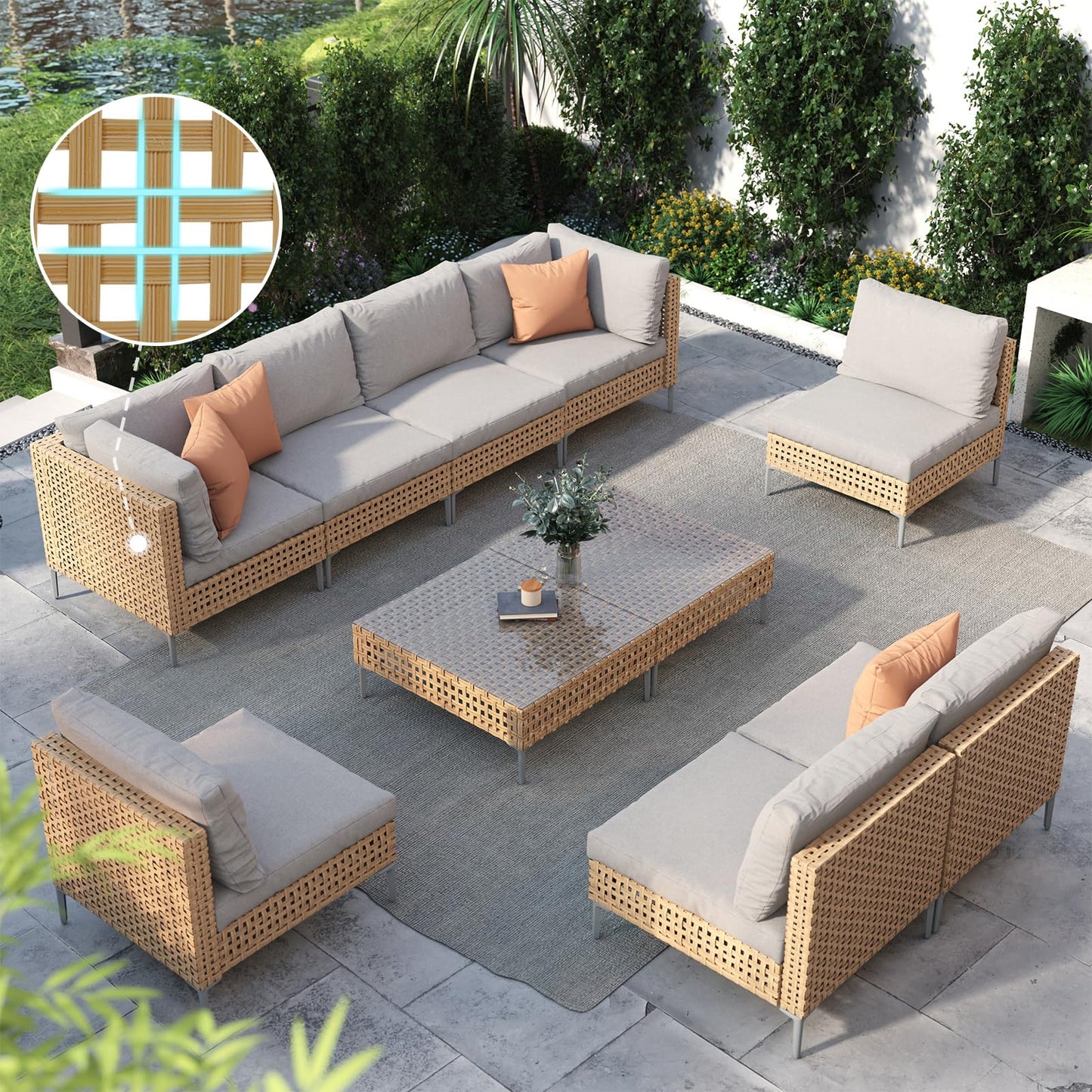 Grand patio 7-Piece Wicker Patio Furniture Set, Boho Outdoor Conversation Set Sectional Sofa with Water Resistant Thick Cushions and Coffee Table, Cream