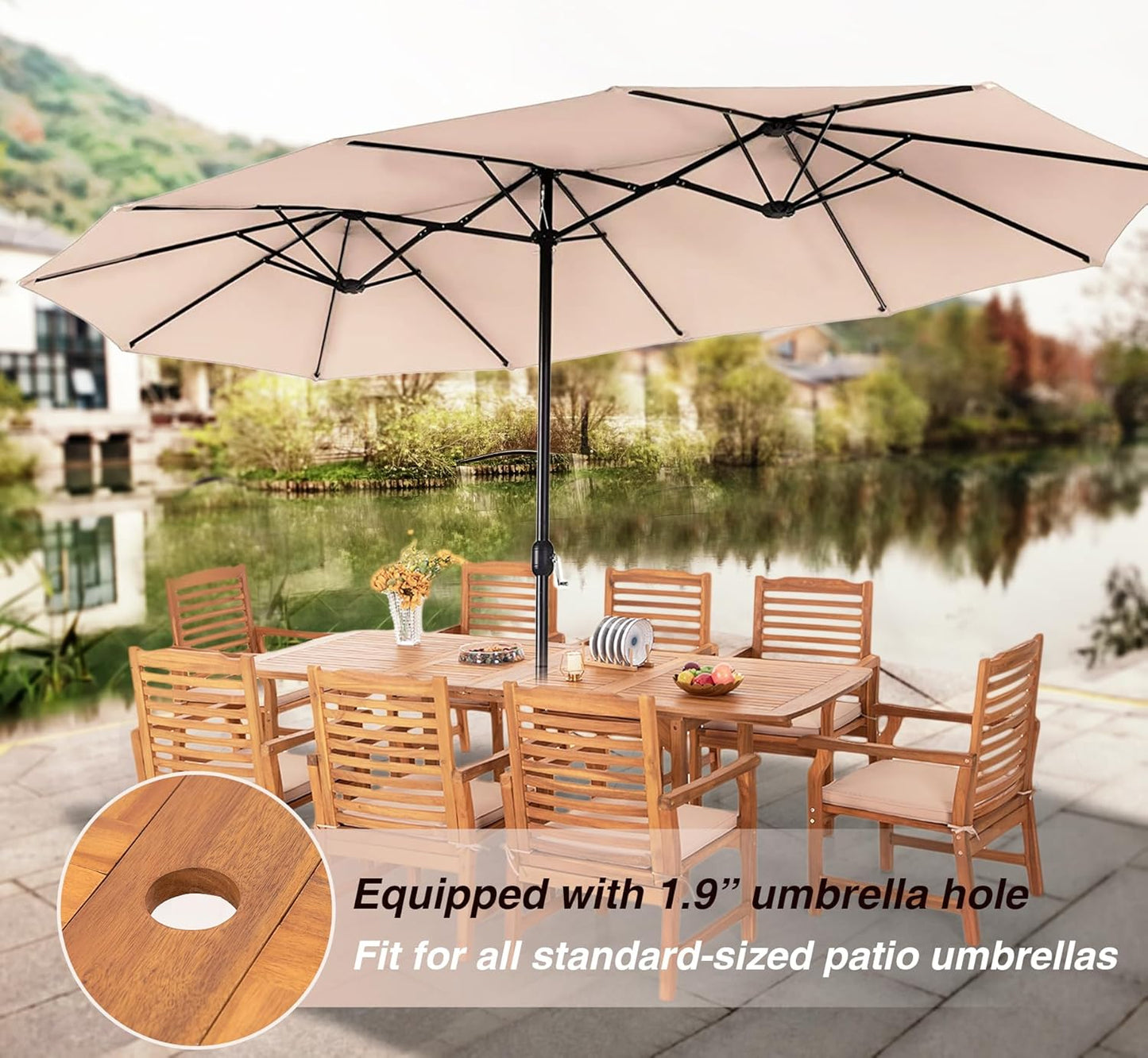 PHI VILLA 7 PCS Acacia Wood Outdoor Dining Set for 6, Expandable Teak Wooden Table & Chairs with Cushions, Farmhouse Dining Furniture Set for Patio, Deck, Yard