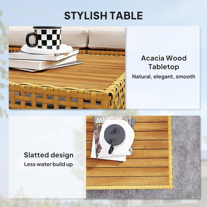 Outsunny 7 Piece Wicker Patio Furniture Set, Modular Outdoor Sectional with Thickened Cushions, Rattan Outdoor Furniture Conversation Set with Slatted Acacia Wood Table for Backyard, Khaki/Beige