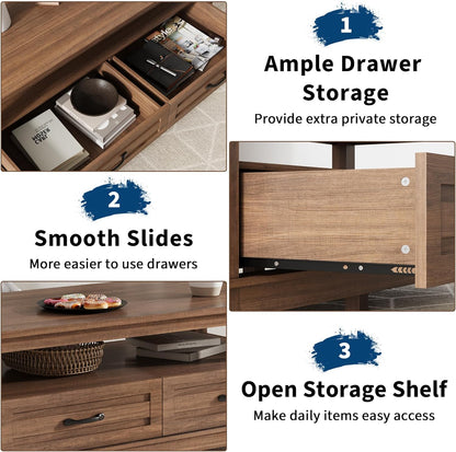 GarveeHome Farmhouse Coffee Table with Drawers, 47.2 in Center Table Rustic Coffee Tables Walnut Center Table with Open Shelf, 6 Support Legs