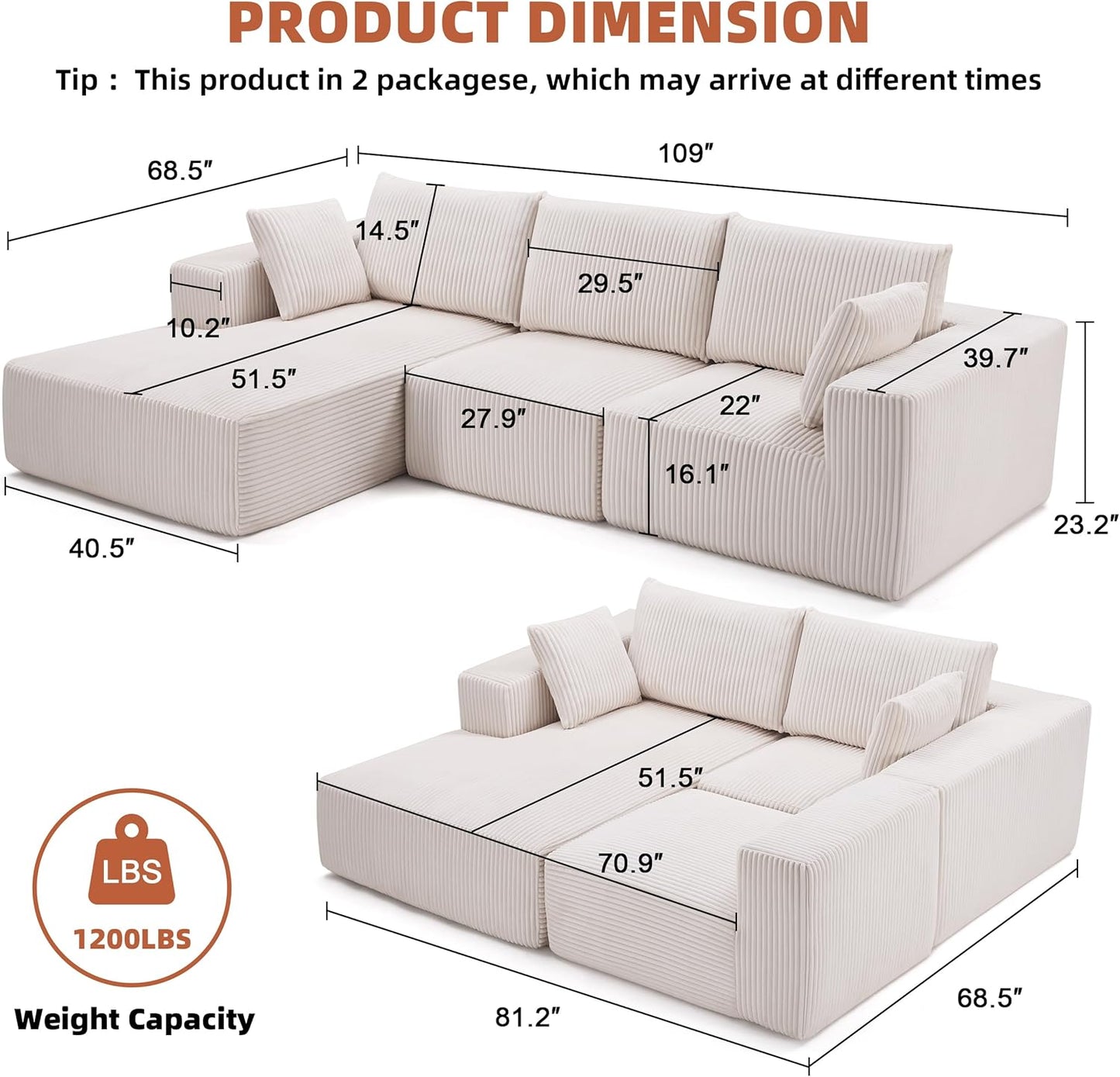 108” Modular Sectional Sofa, Cloud Sectional Couch with Deep Seat, Modern Modular L-Shape Sofa Couch with Chaise,Upholstered Boneless Couches for Living Room Bedroom (Beige, Left Facing Chaise)