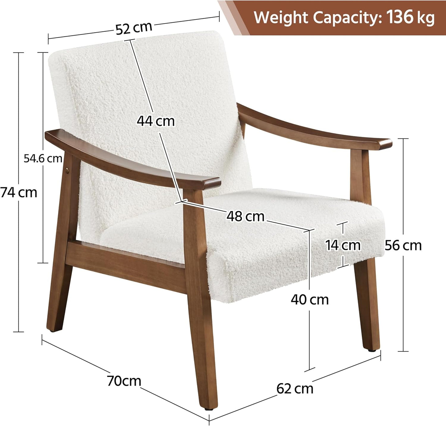 Yaheetech Recliner Chair, Retro Lounge Chair, Upholstered Chair, TV Chair, Reading Chair, Single Sofa, Maximum Load 136 kg, for Living Room, Reception Room, Home Cinema, Bedroom, Ivory