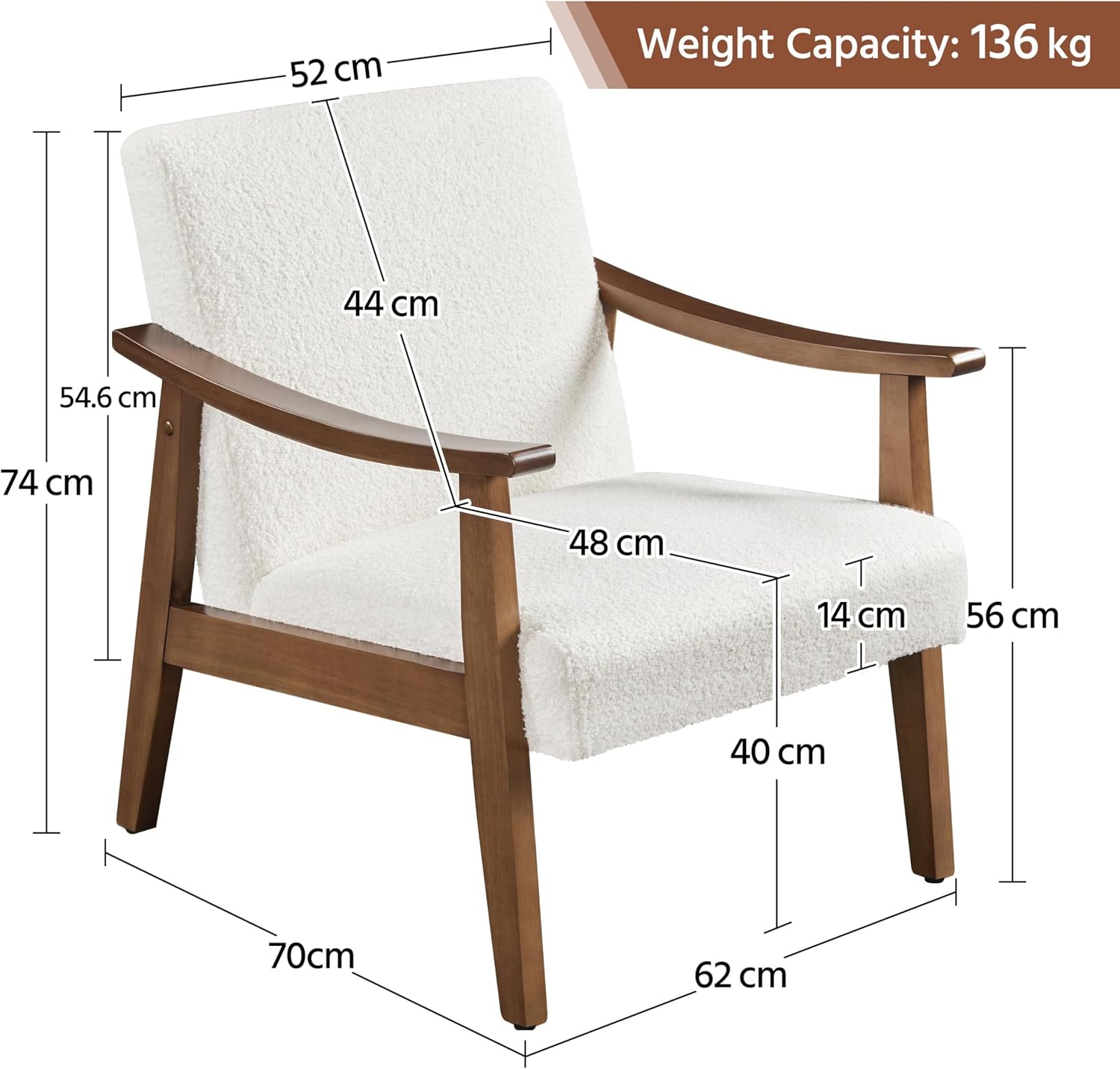 Yaheetech Recliner Chair, Retro Lounge Chair, Upholstered Chair, TV Chair, Reading Chair, Single Sofa, Maximum Load 136 kg, for Living Room, Reception Room, Home Cinema, Bedroom, Ivory