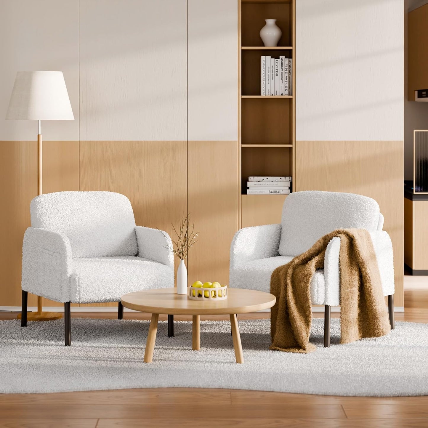 Mondeer Armchair, Single Lounge Sofa with Side Pocket with Metal Legs, Cosy Faux Lambskin Fabric, Modern, for Living Room, Bedroom, Study, 63 x 75 x 75 cm, White