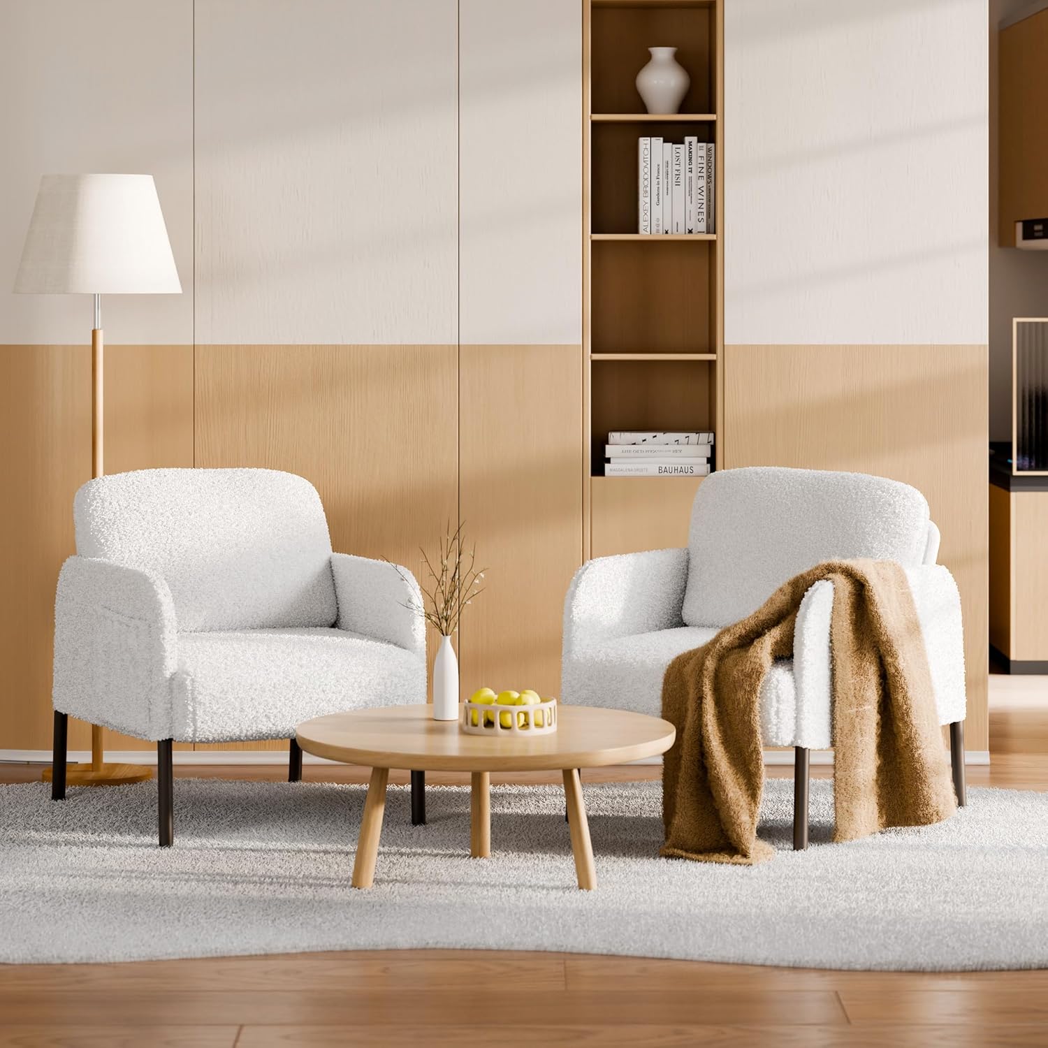 Mondeer Armchair, Single Lounge Sofa with Side Pocket with Metal Legs, Cosy Faux Lambskin Fabric, Modern, for Living Room, Bedroom, Study, 63 x 75 x 75 cm, White