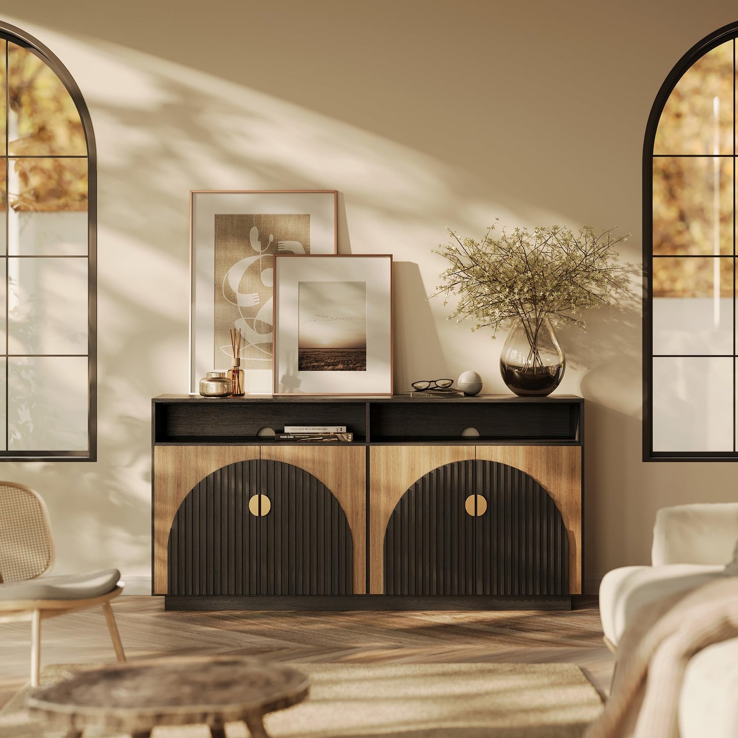 BELLEZE 65 Inch Fluted Buffet Cabinet with Storage, Symmetrical Arc Accent Sideboard Large Console Table for Dining Room, Kitchen, and Living Room (Camel)