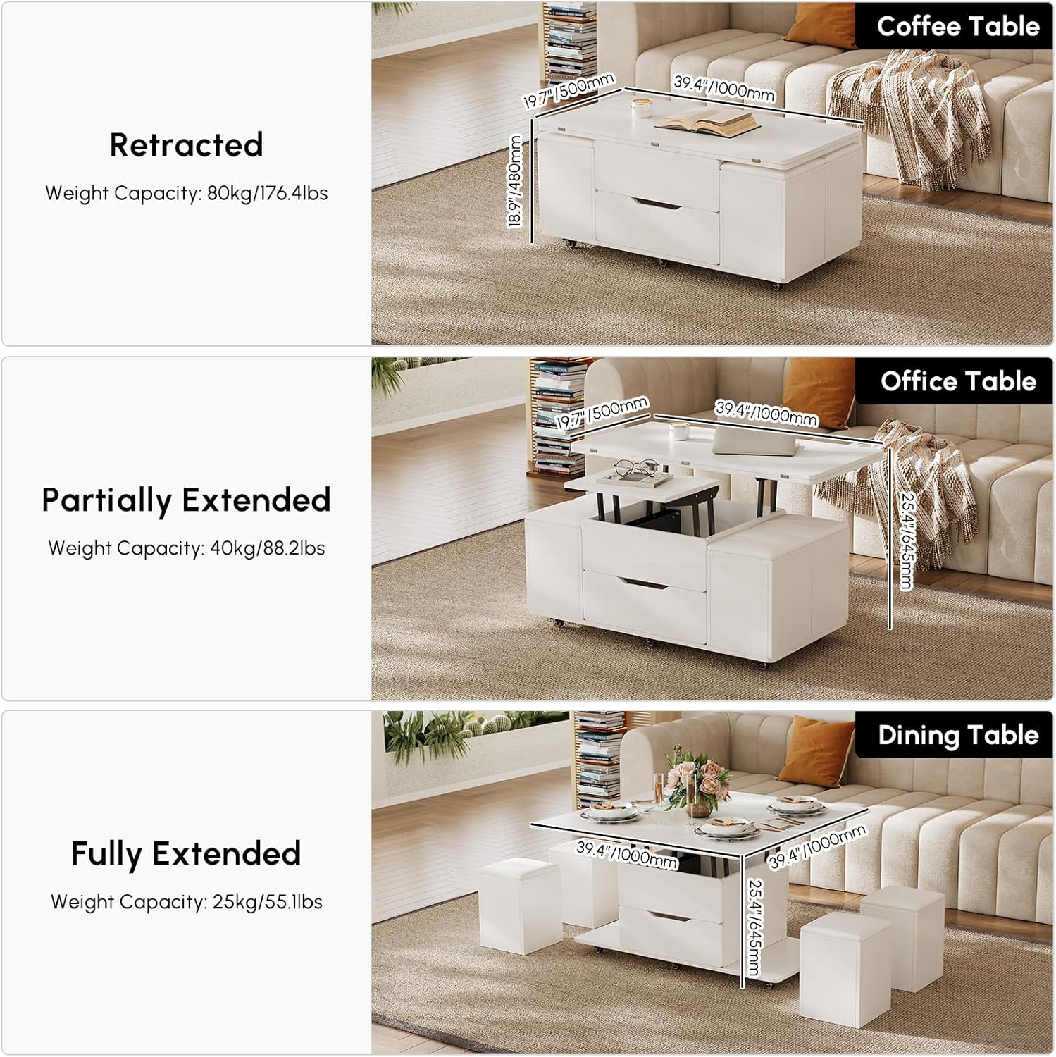 homary White Lift Top Coffee Table with Hidden Storage, 3 in 1 Multi-Function Modern Folding Center Table with 4 Stools and Casters