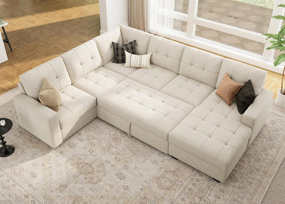 HONBAY Sectional Sleeper Sofa Pull Out Couch, U Shaped Sectional Couch with Storage Chaise, Sofa Bed for Living Room, Beige