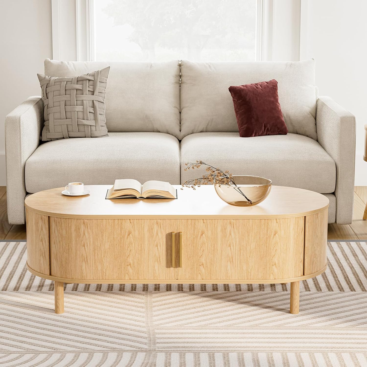 Coffee Table for Living Room, Modern Oval Coffee Table with Cabinets & Sliding Doors, Home Small Space, 29.9" Fluted Center Table, Natual