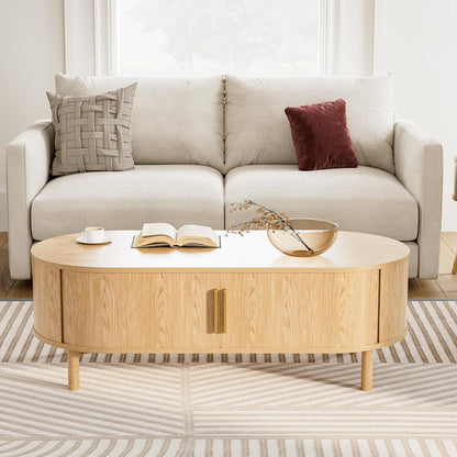 Coffee Table for Living Room, Modern Oval Coffee Table with Cabinets & Sliding Doors, Home Small Space, 29.9" Fluted Center Table, Natual