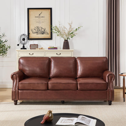 WILLOVE 79'' Faux Leather Sofas for Living Room, Mid Century Modern Couches with Rolled Arm & Nailhead Trim for Small Space, Apartment, Dark Brown