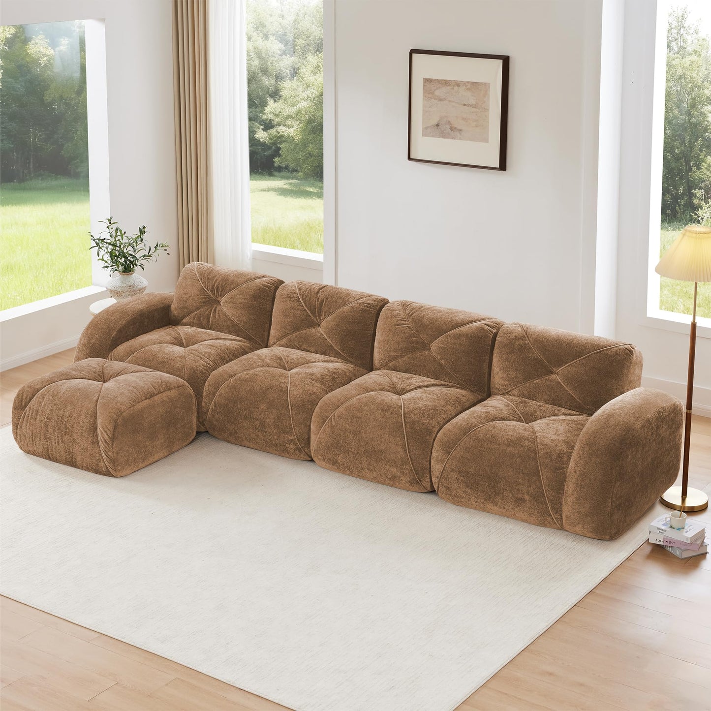 Modular Sectional Sofa, 2026 New Soft Velvet Fabric Boneless Couch with 2 Chaises, 32D High Density Sponge, Bottom Anti-Slip Design Cloud Couch, No Assembly Required Couches for Living Room, Camel