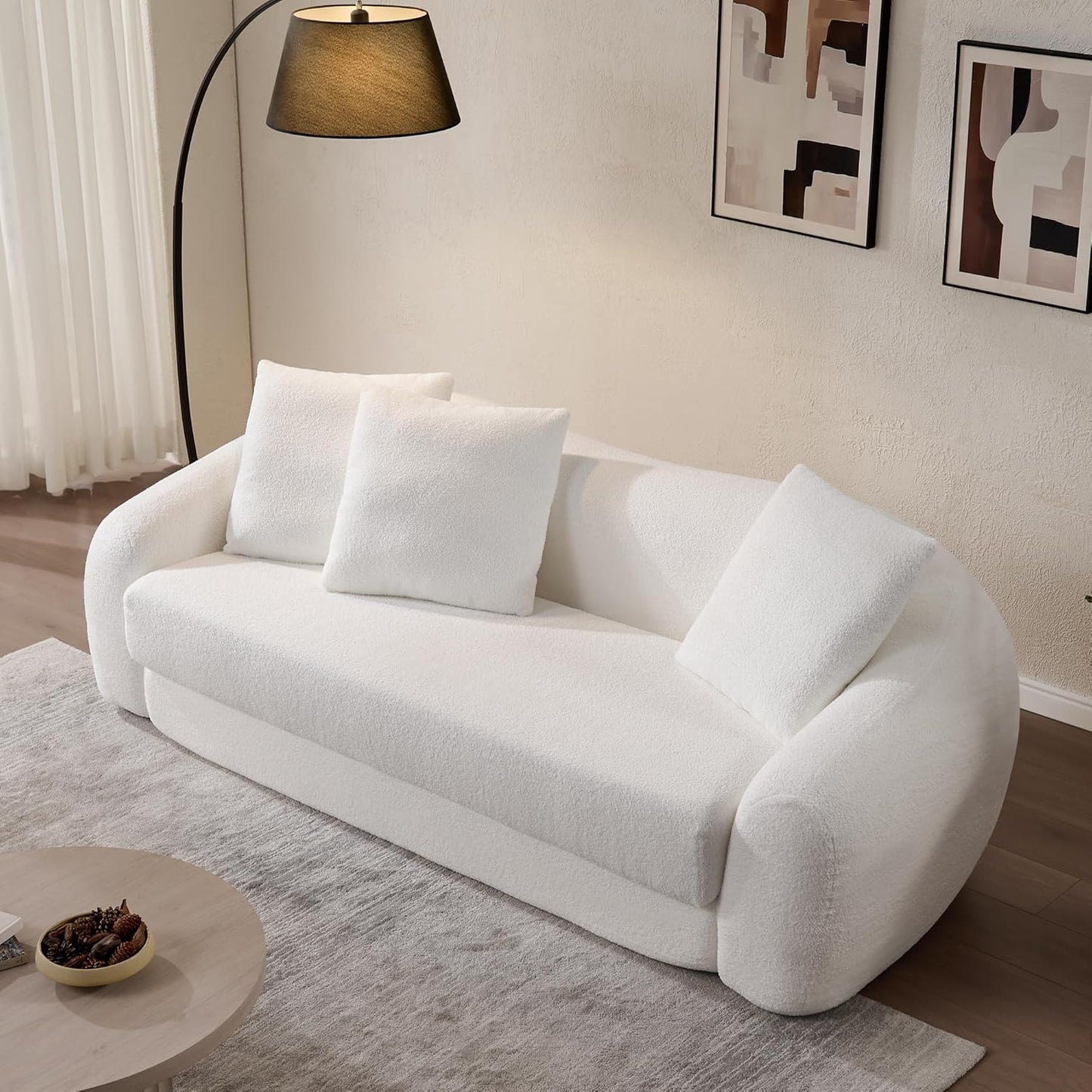 SICOTAS 90.6" Curved Convertible Sofa Couch Bed for Living Room Futon Cloud Boneless Sleeper Sofa Pull Out Floor Couch with Deep Seat Modern 3 Seater Foam Bed No Assembly for Bedroom Apartment, White