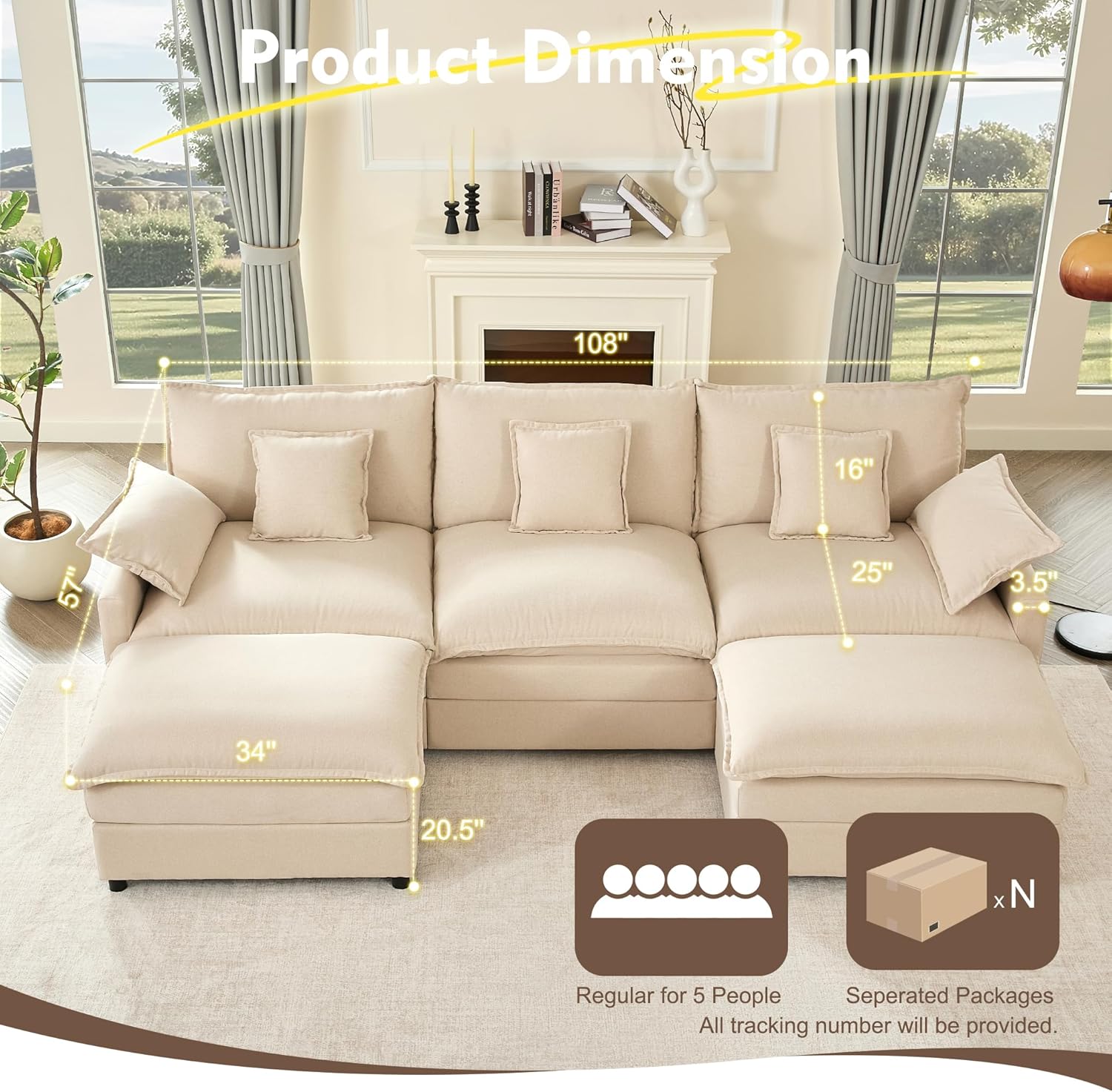 108" U Shaped Couch, Modular Sectional Sofa, 3-Seater Comfy Cloud Couch with Movable Ottoman, Deep Seat Couches for Living Room, Linen, Beige