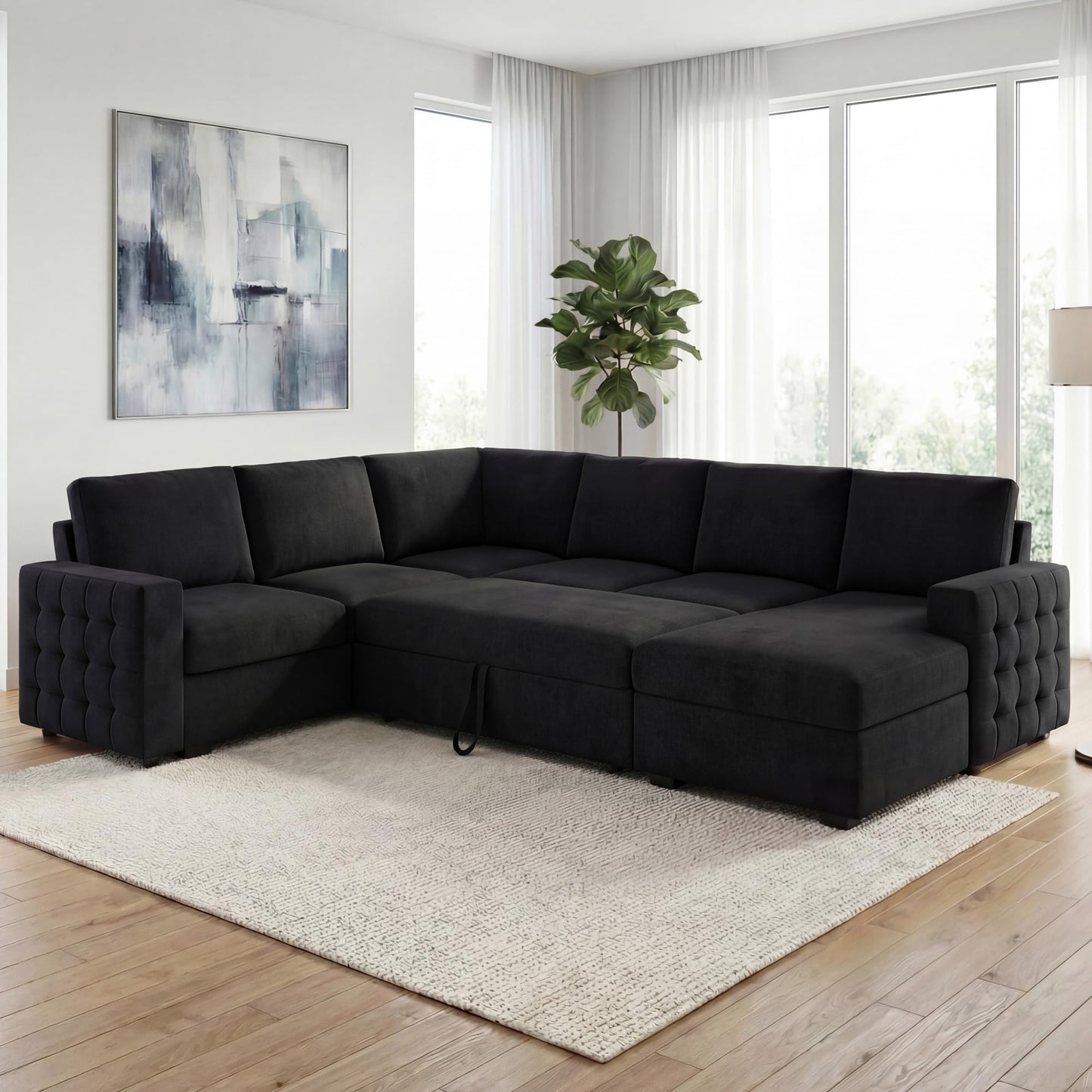 HONBAY Sleeper Sectional Couch with Pull-Out Bed Sectional Sleeper Sofa Pull Out Bed with Storage Chaise, 6 Seaters Couch for Living Room, Faux Leather Brown
