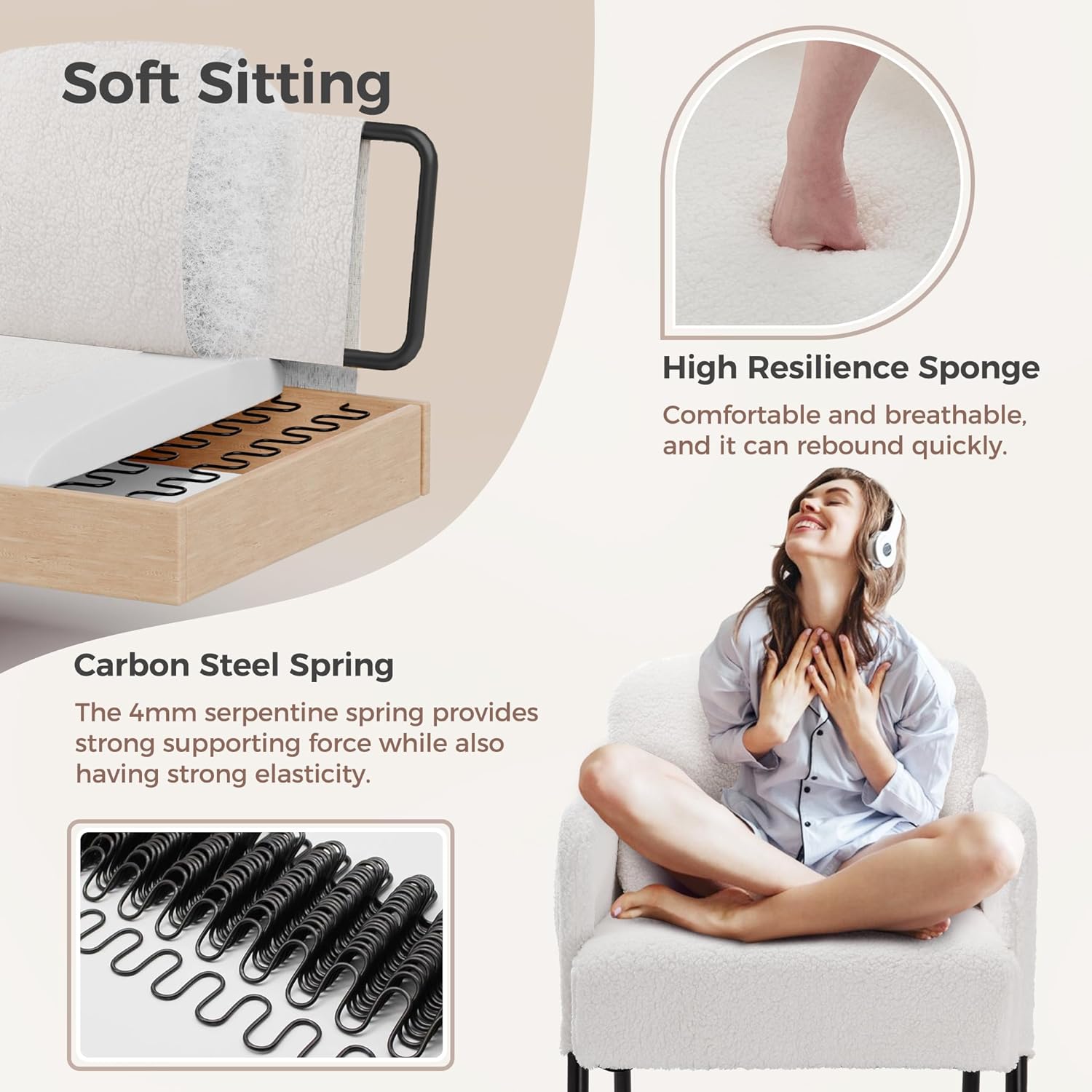 Mondeer Armchair, Single Lounge Sofa with Side Pocket with Metal Legs, Cosy Faux Lambskin Fabric, Modern, for Living Room, Bedroom, Study, 63 x 75 x 75 cm, White